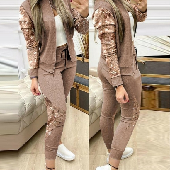 Pants - NWOT Sequin jacket and pants set-Tan